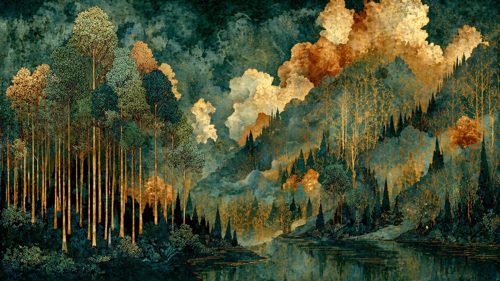 Westlook Press — a wooded landscape in indigo, gold, and parchment tones