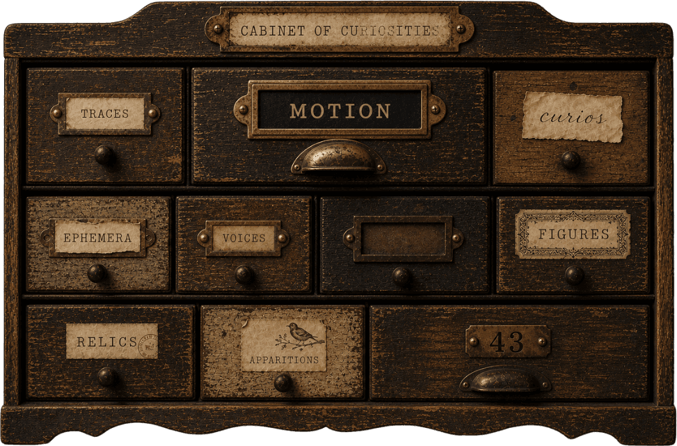 A dark wooden cabinet of curiosities: nine labeled drawers — Traces, Motion, Curios, Ephemera, Voices, Figures, Relics, Apparitions, 43 — and one unlabeled drawer